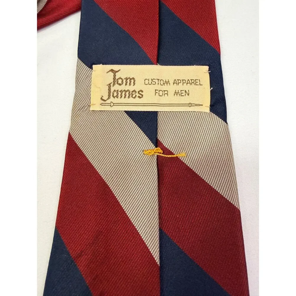 Vintage Tom James Silk Tie Regimental Stripe Red Blue Tan Italian Fabric USA